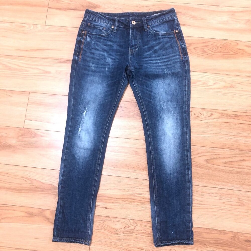 Buffalo James - X Cropped Tapered Stretch Jeans Men's 30 Blue Distressed EEUC